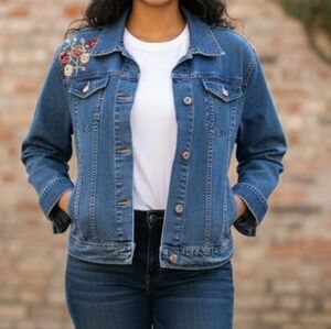 Endless Options Stretch Embroidered Blue Denim Jacket Sz 2X
